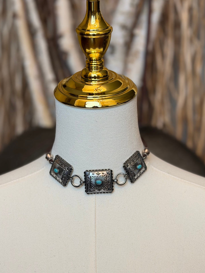 Turquoise Stone Western Concho Choker Necklace