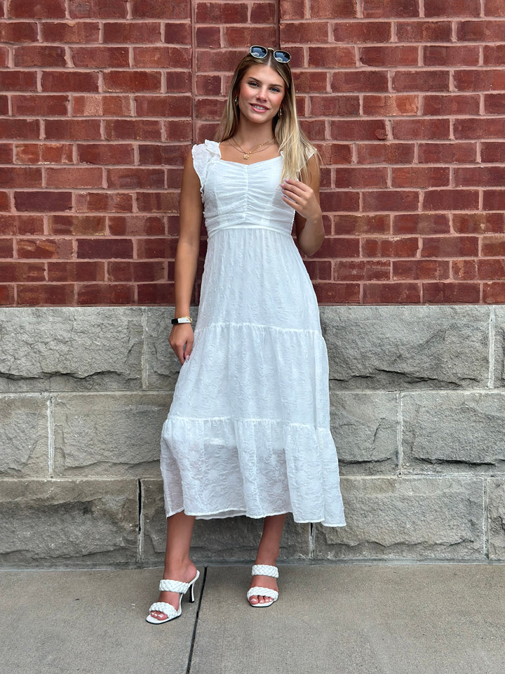 The Emily White Tea Length Flutter Sleeve Dress