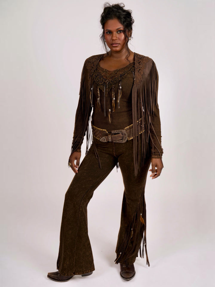 Handcrafted Chocolate Suede Shoulder Fringe Collar by Pat Dahnke