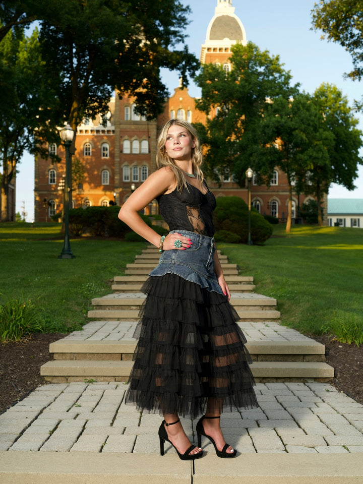 Grunge Glam Denim & Tulle Layered Maxi Skirt