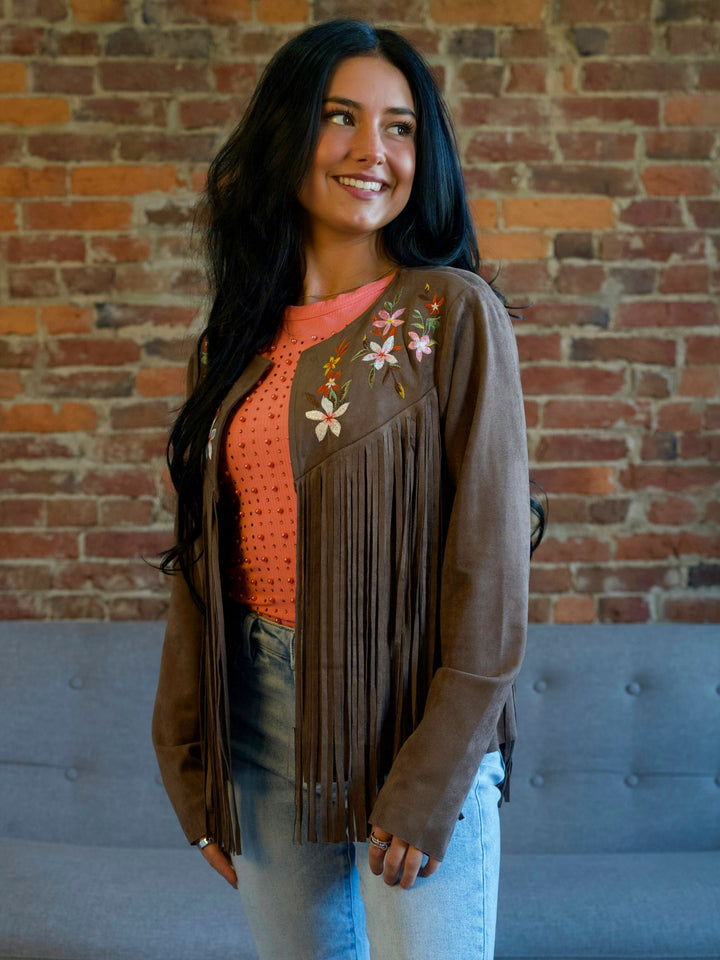 Fringe & Flowers Brown Suede Jacket