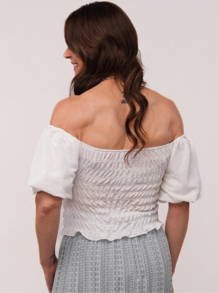 Boho Smocked Puff Sleeve White Top