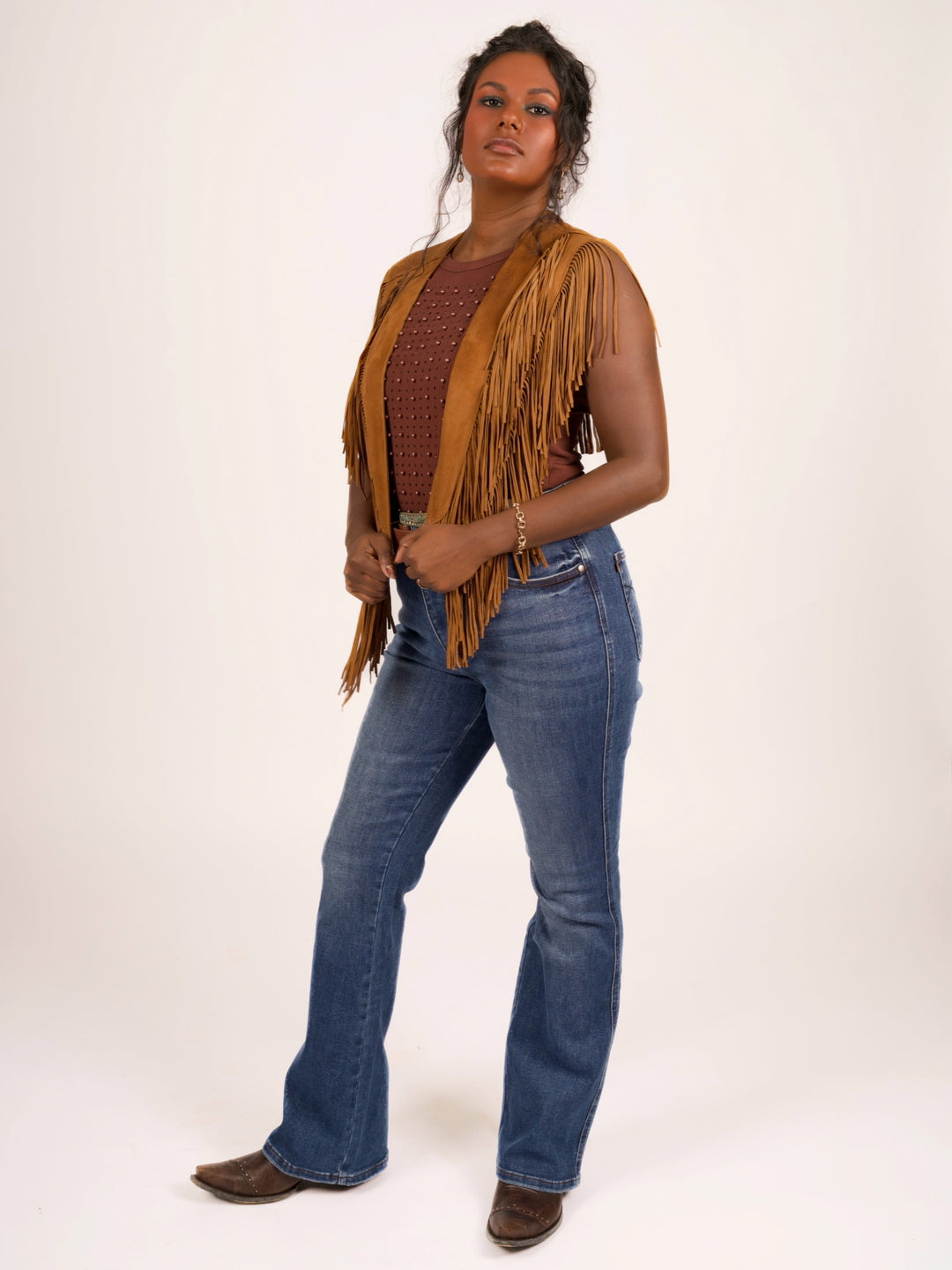 Handcrafted Cognac Suede Leather Fringe Shoulder Collar