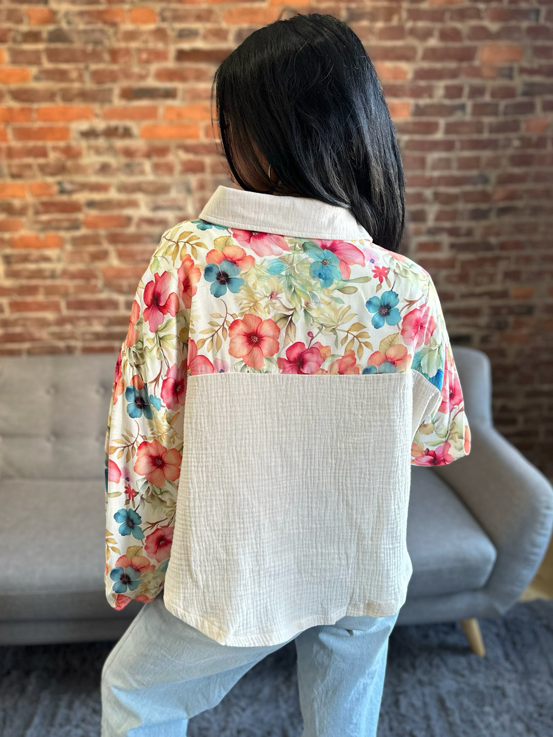 POL Mixed Bloom Floral Crochet Button Up