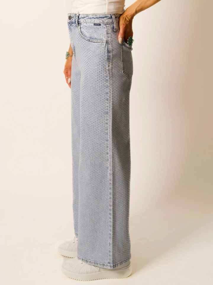 High-Rise Wide-Leg All-Over Rhinestone Jeans