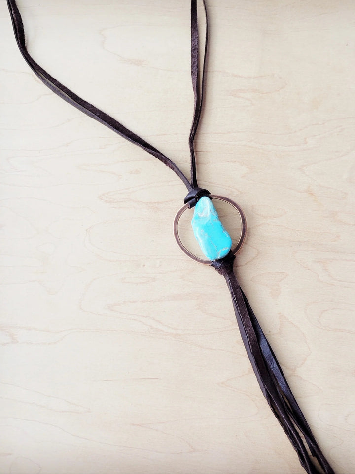 Boho Leather Necklace w/ Large Turquoise Chunky Pendant