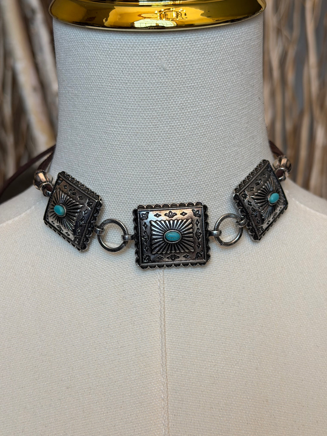 Turquoise Stone Western Concho Choker Necklace