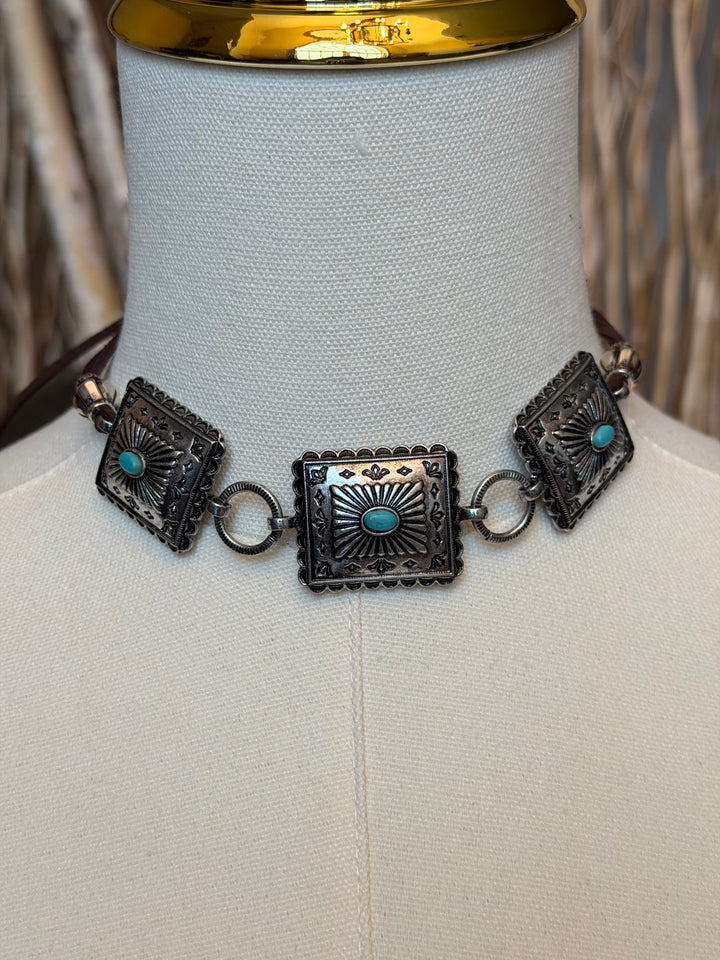 Turquoise Stone Western Concho Choker Necklace