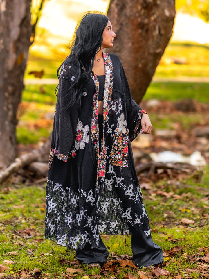 POL Oversized Boho Cardigan - Black Crochet Lace Patch Duster