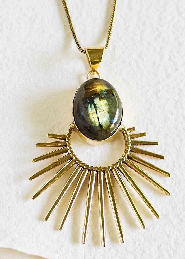 Brass labradorite starburst pendant charm necklace