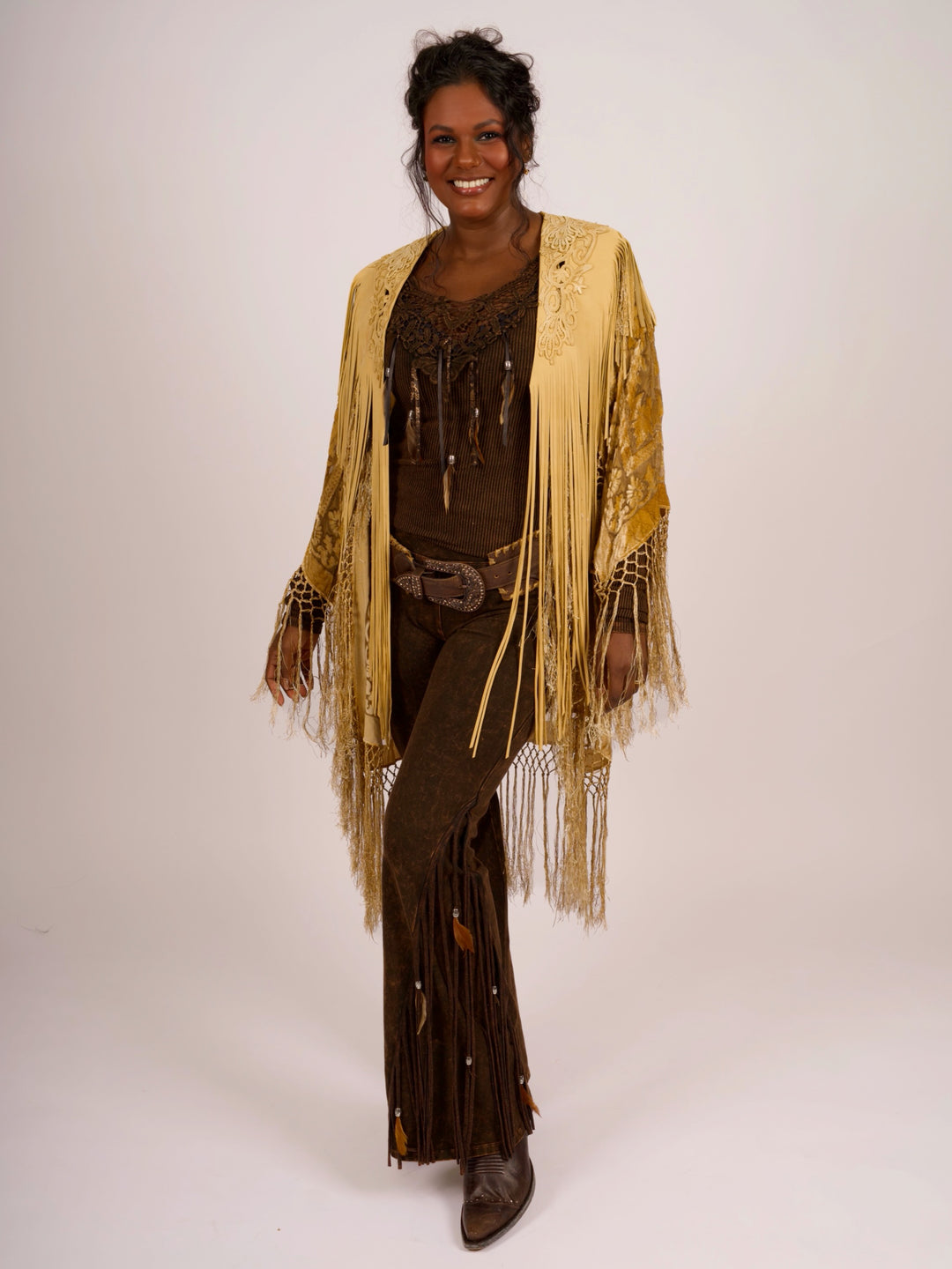 Handcrafted Palomino Deerskin Leather Shoulder Fringe Collar by Pat Dahnke