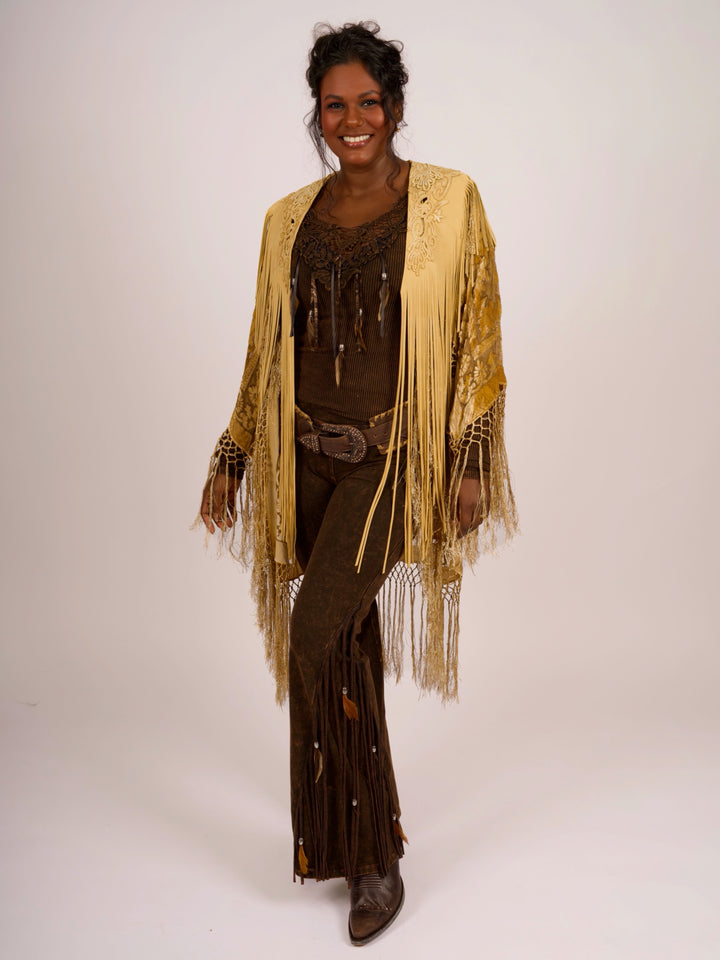 Handcrafted Palomino Deerskin Leather Shoulder Fringe Collar by Pat Dahnke