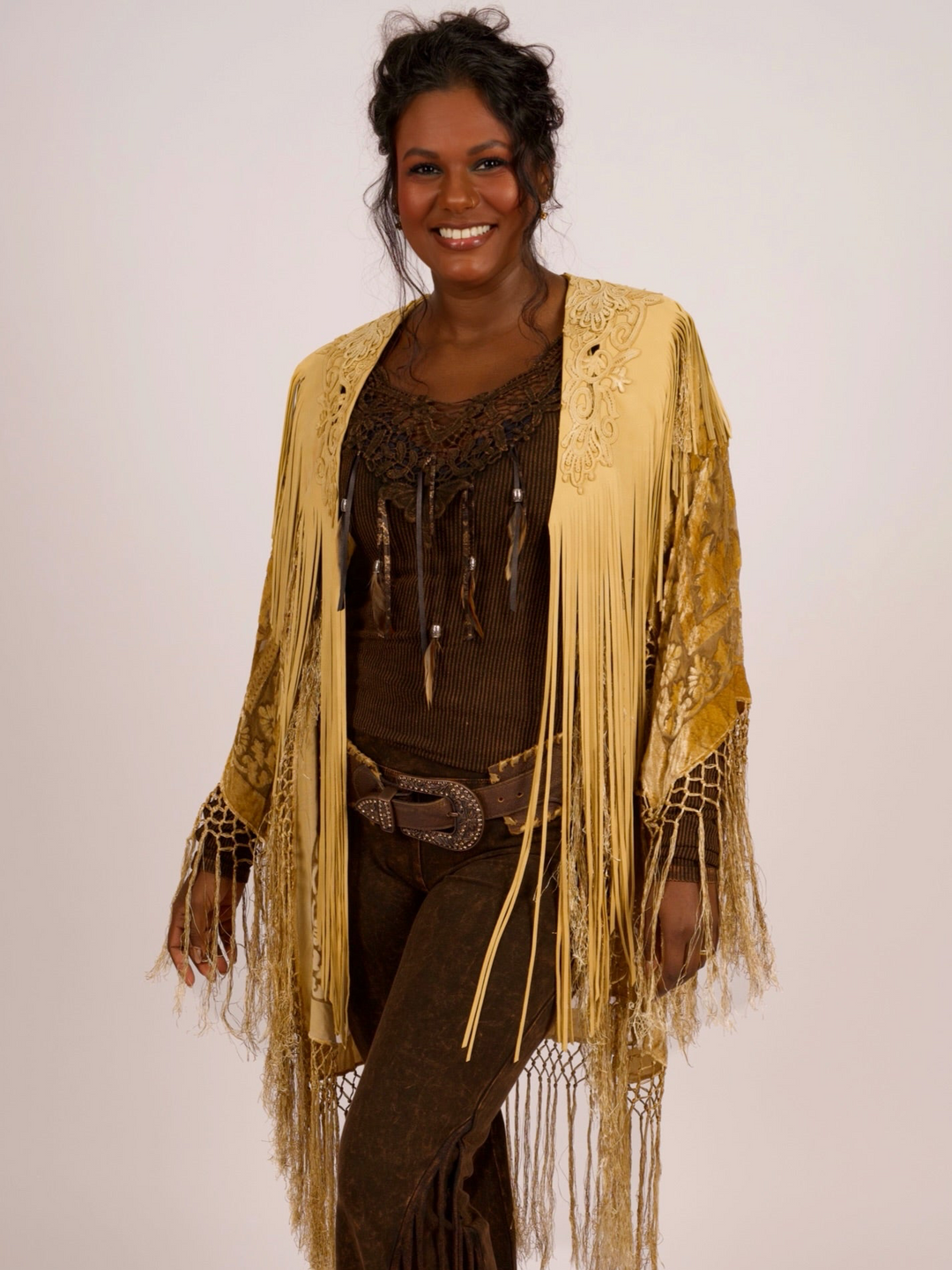 Handcrafted Palomino Deerskin Leather Shoulder Fringe Collar by Pat Dahnke