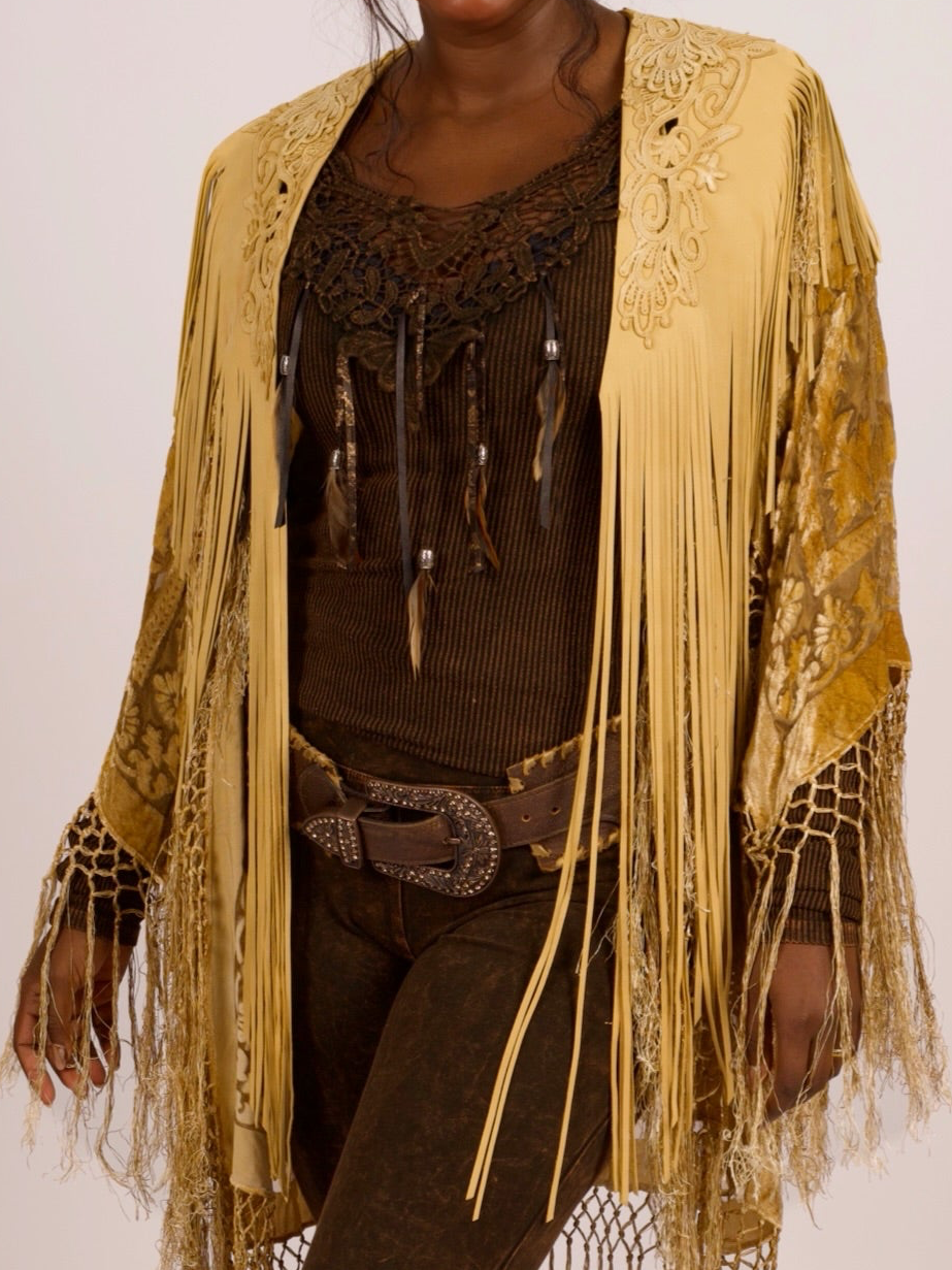 Handcrafted Palomino Deerskin Leather Shoulder Fringe Collar by Pat Dahnke