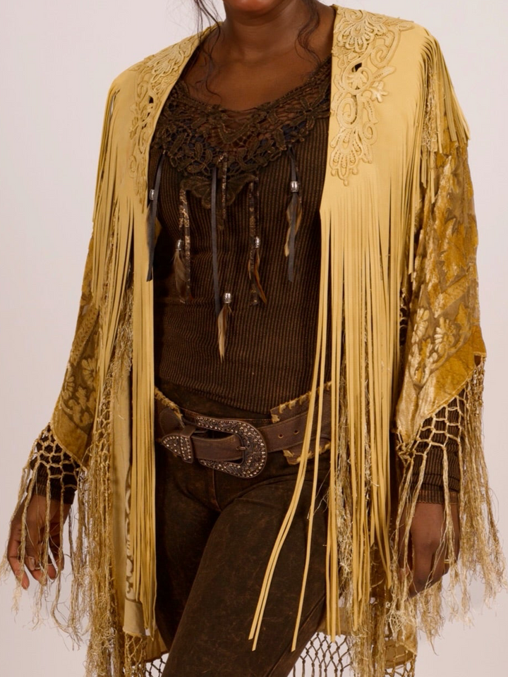 Handcrafted Palomino Deerskin Leather Shoulder Fringe Collar by Pat Dahnke