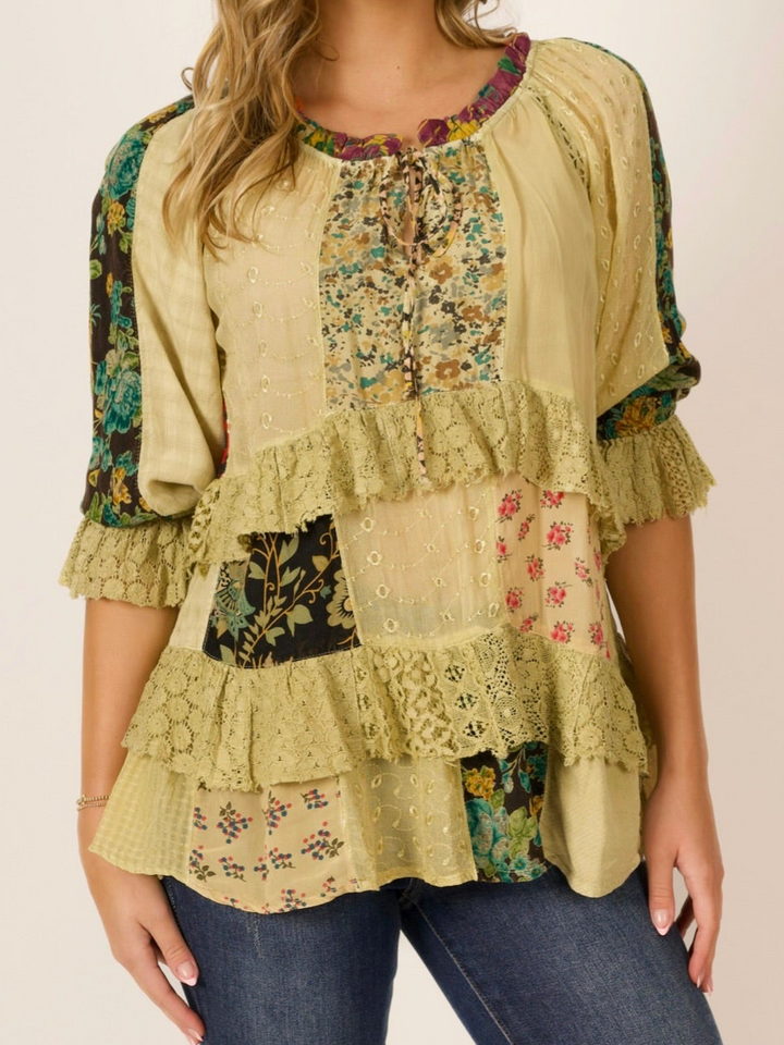 Vintage Patchwork Boho Peasant Tunic Top