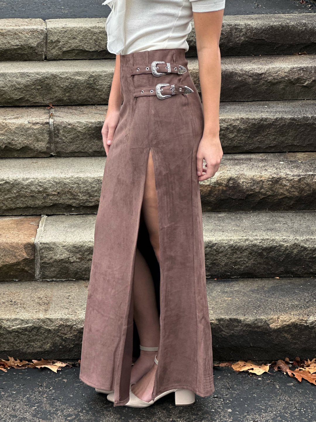 Suede Western Buckle Front Slit Maxi Skirt