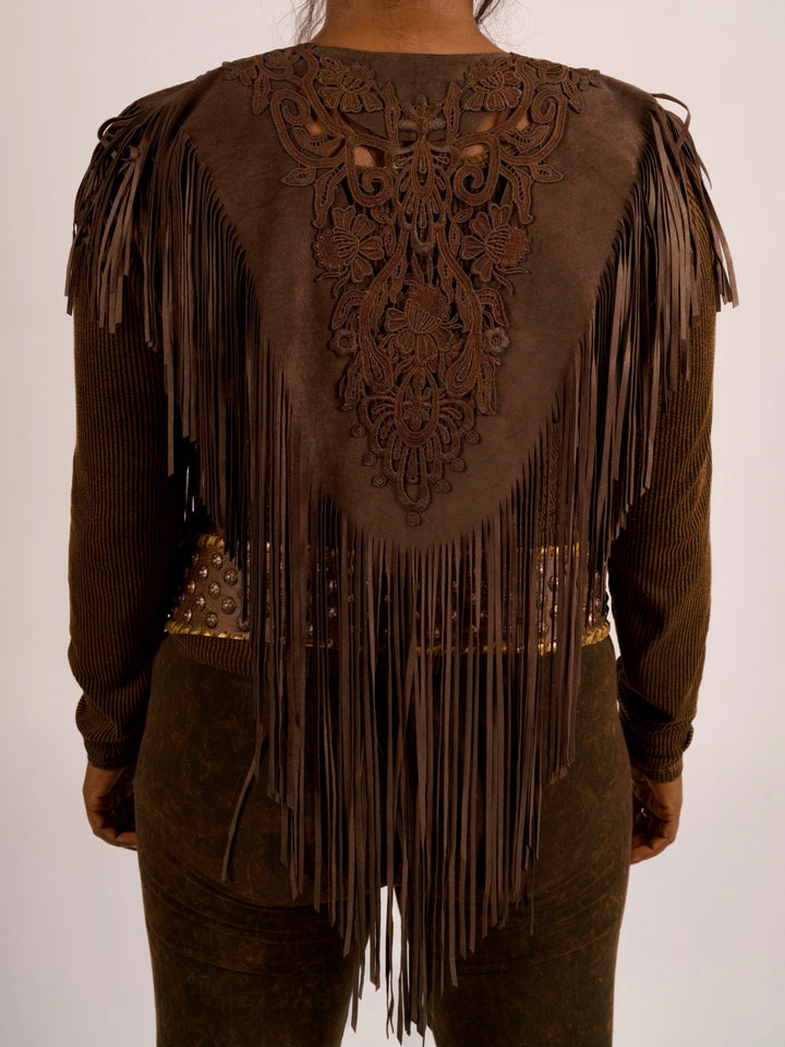 Handcrafted Chocolate Suede Shoulder Fringe Collar by Pat Dahnke