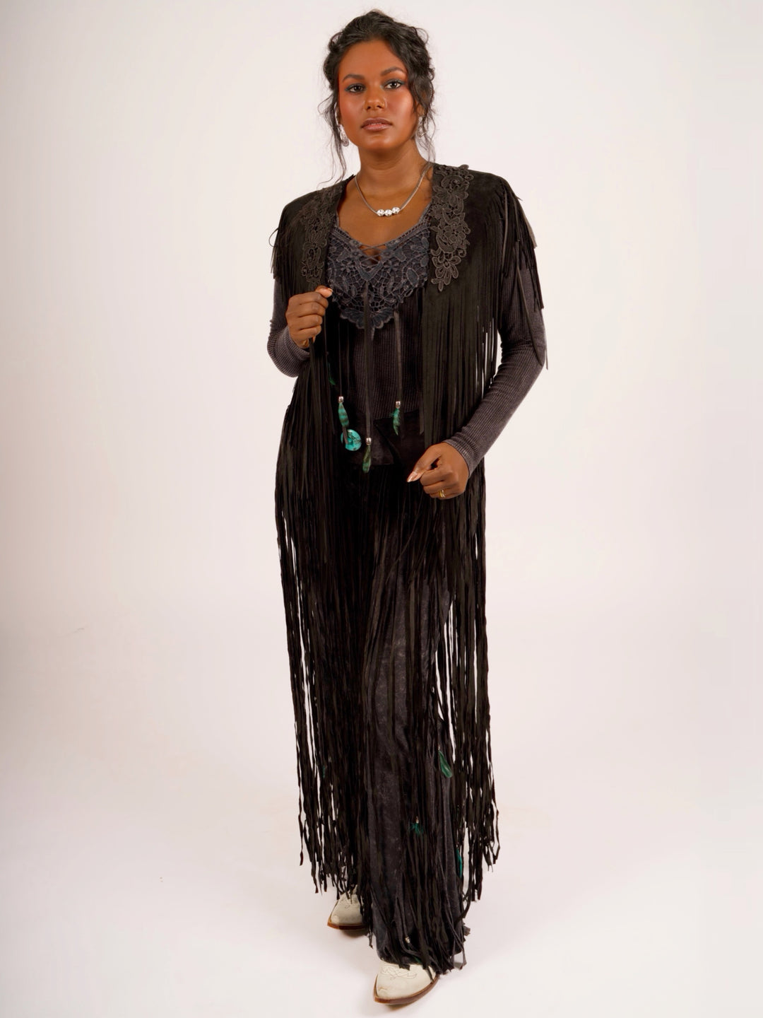 Fringe & Features Long Sleeve Top Black