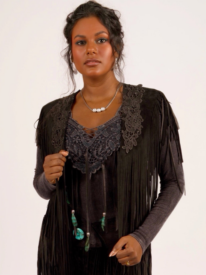 Fringe & Features Long Sleeve Top Black