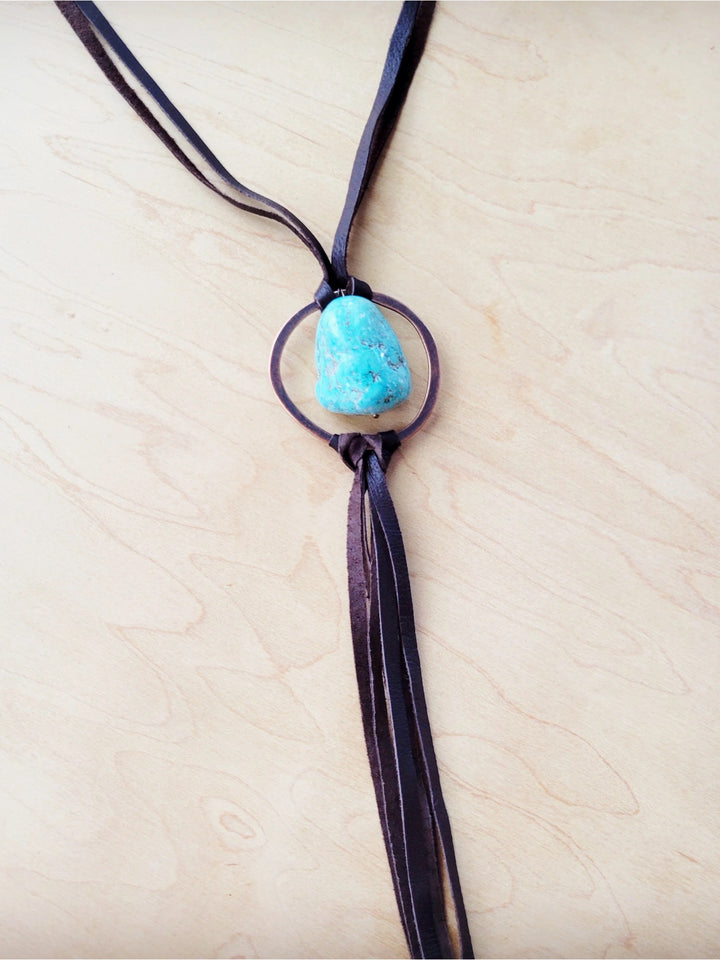 Boho Leather Necklace w/ Large Turquoise Chunky Pendant