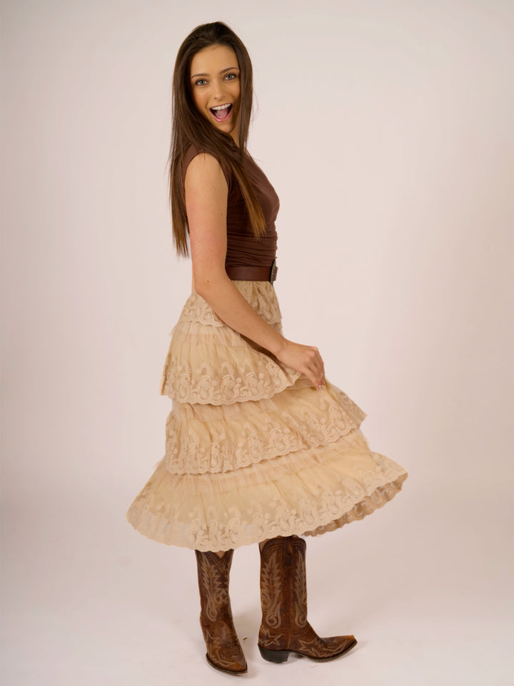 Romantic Vintage Lace Mesh Boho Midi Skirt