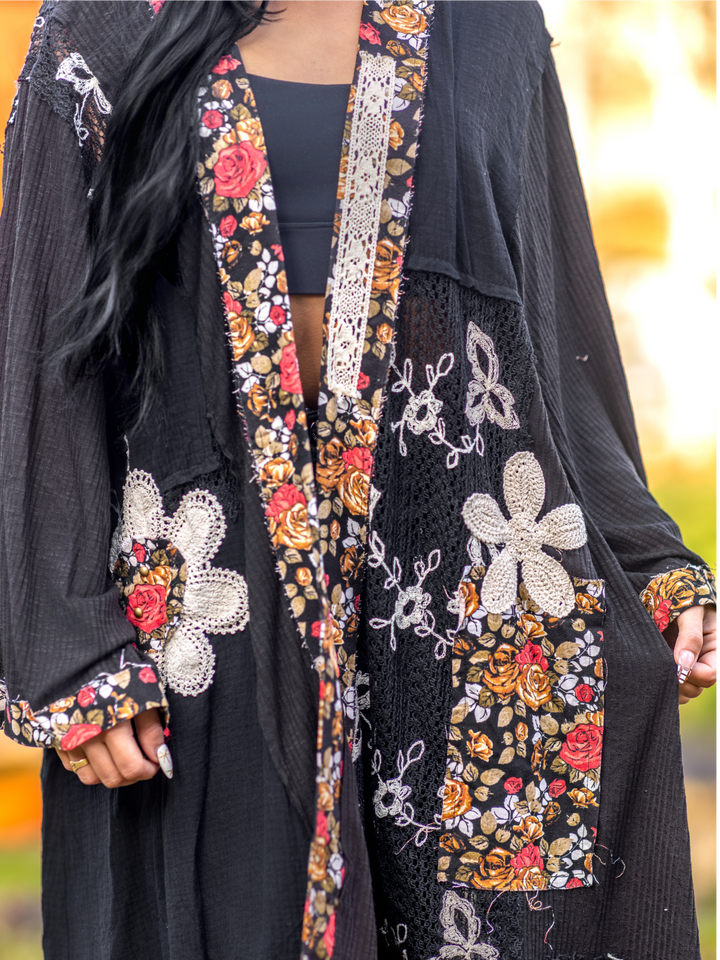 POL Oversized Boho Cardigan - Black Crochet Lace Patch Duster