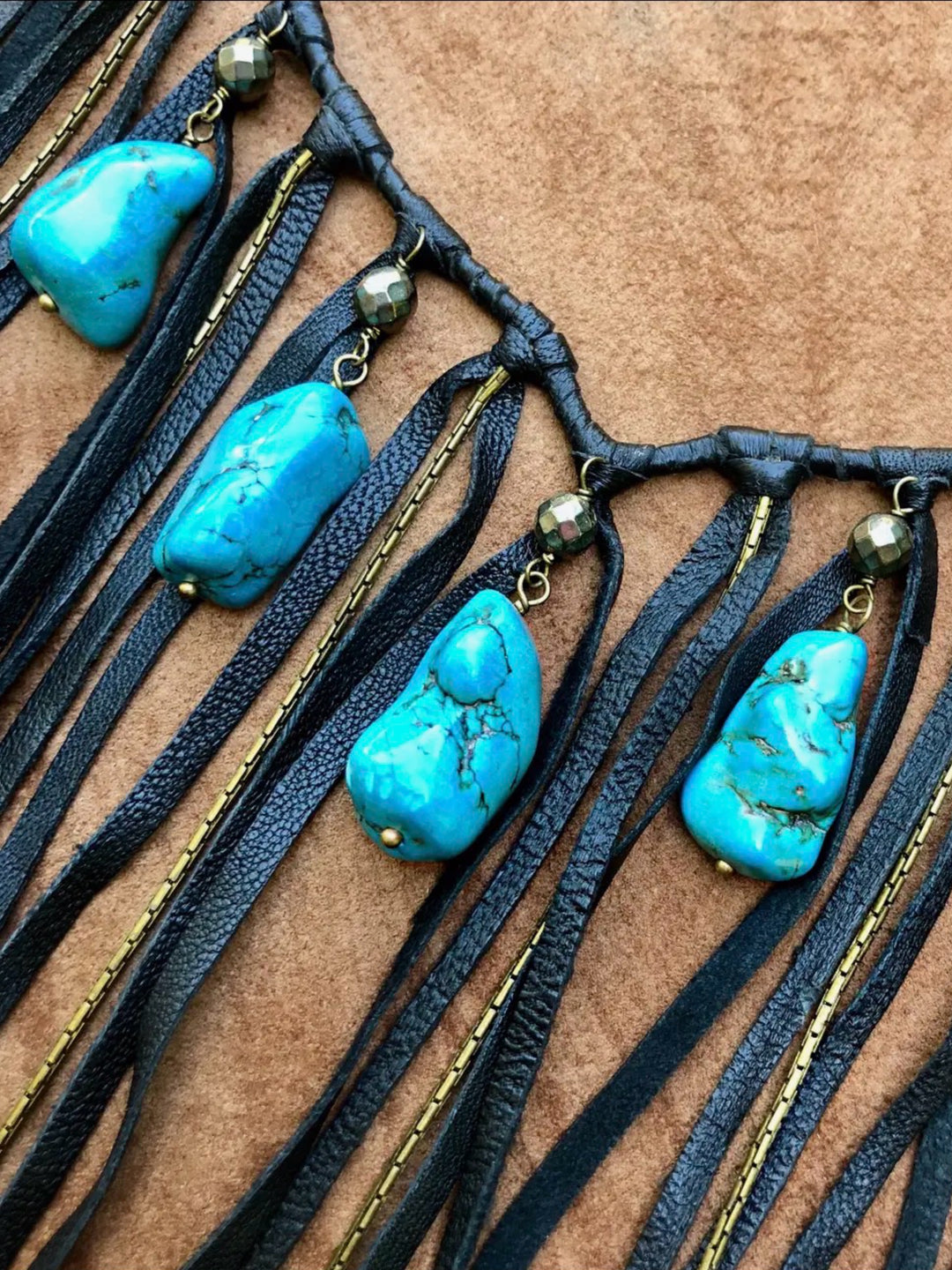 Black Leather  & Turquoise Stone Fringe Collar Necklace