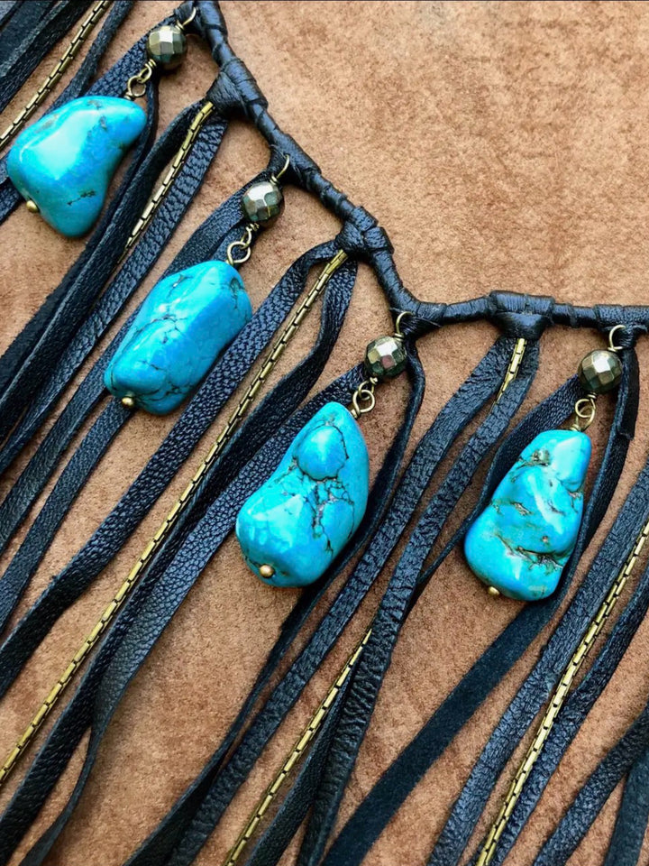 Black Leather  & Turquoise Stone Fringe Collar Necklace