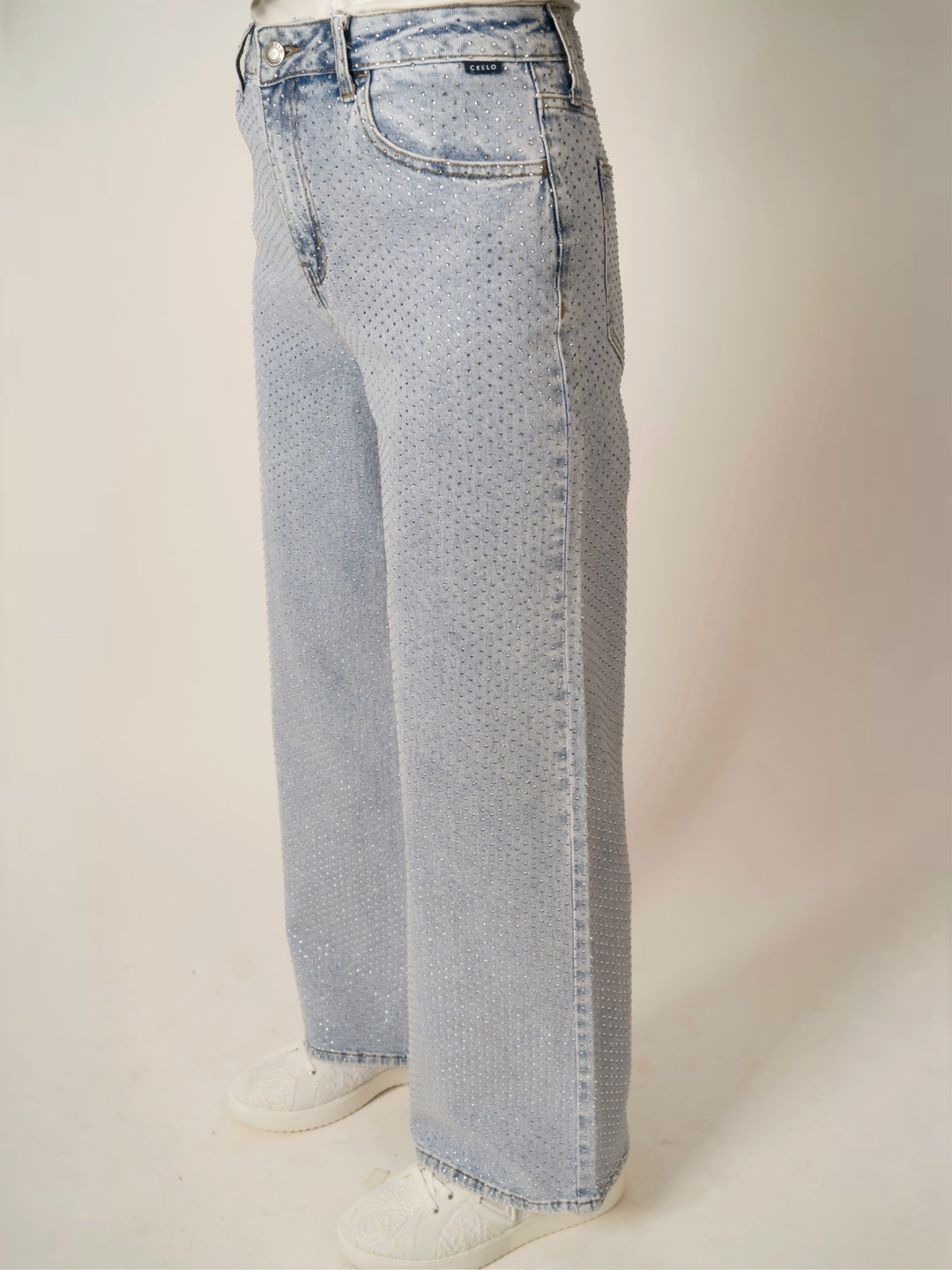 High-Rise Wide-Leg All-Over Rhinestone Jeans