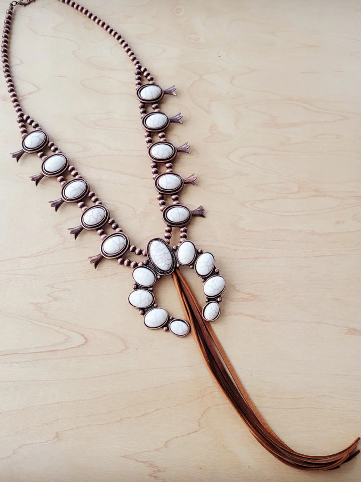 White Turquoise Squash Blossom Necklace w/ Tan Tassel