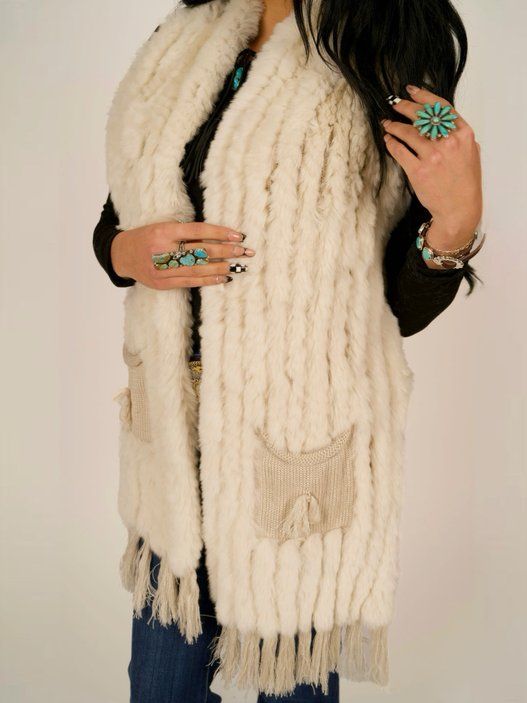 Ivory Rex Rabbit Pocket Shawl Fur Vest