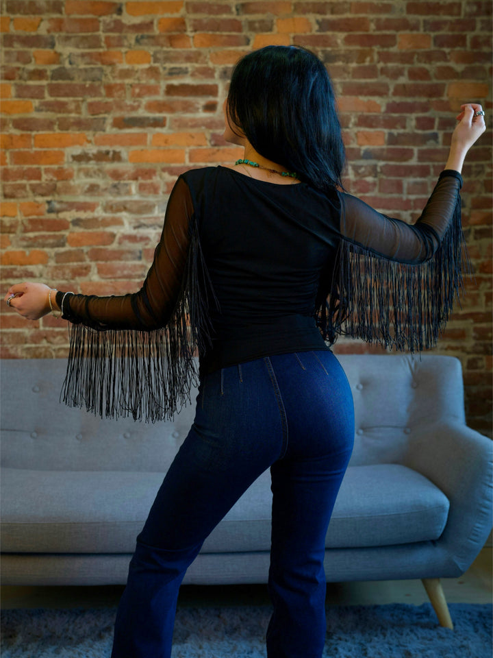 Women’s Black Fringe Trim Long Sleeve Mesh Western Top