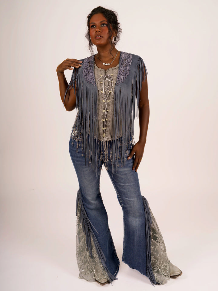 Handcrafted Denim Blue Suede Shoulder Fringe Collar by Pat Dahnke