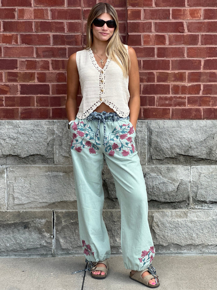 Boho Floral Embroidery Pants