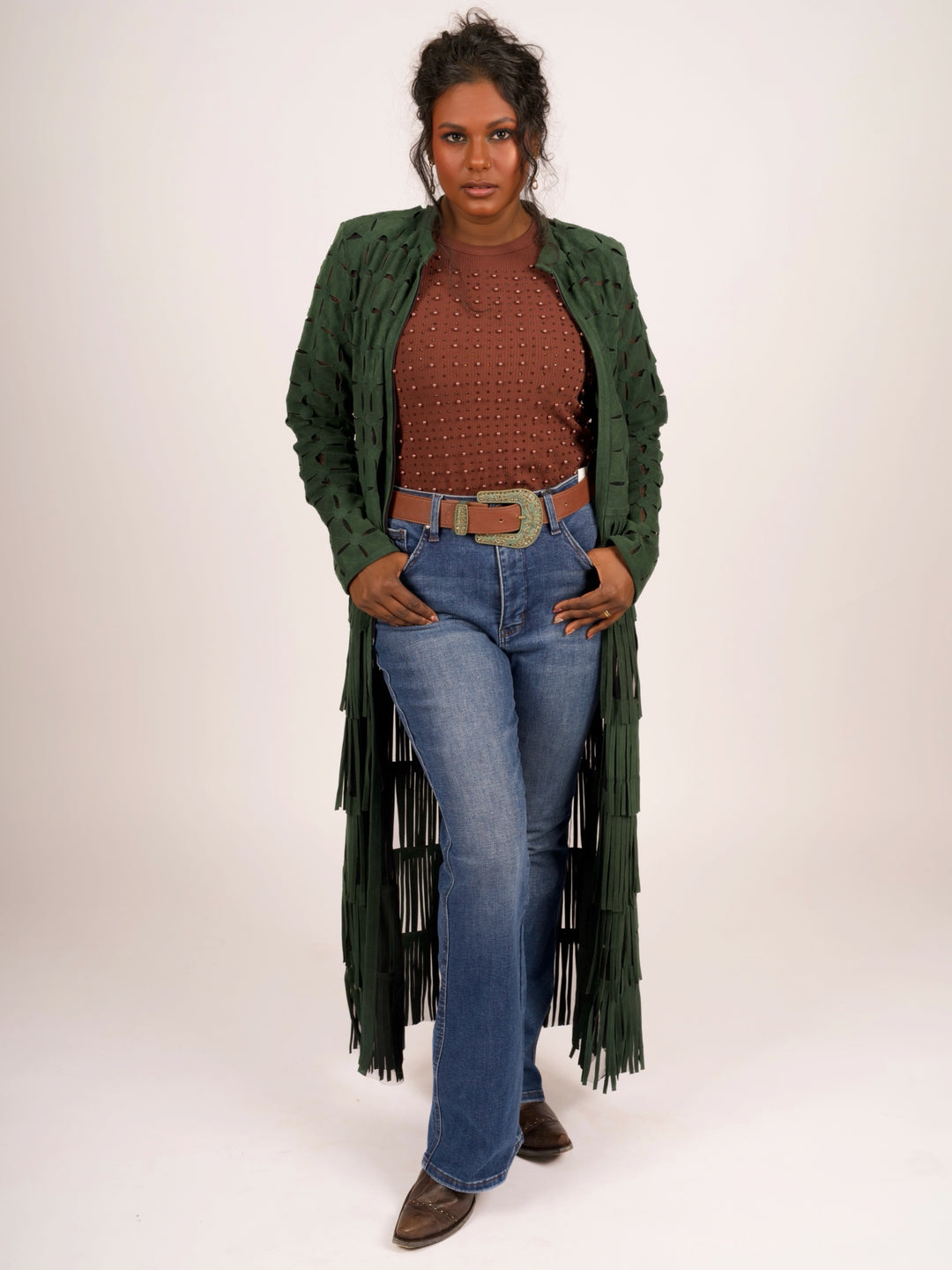 Genuine Suede Leather Laser-Cut Fringe Duster Jacket