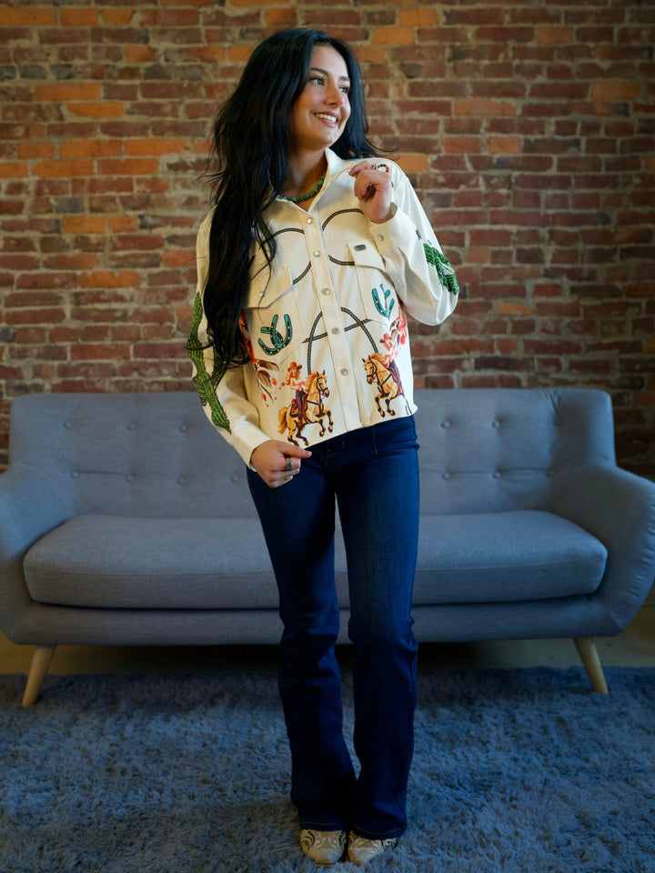 Retro Cowgirl Western Pearl Snap Button Down Shirt