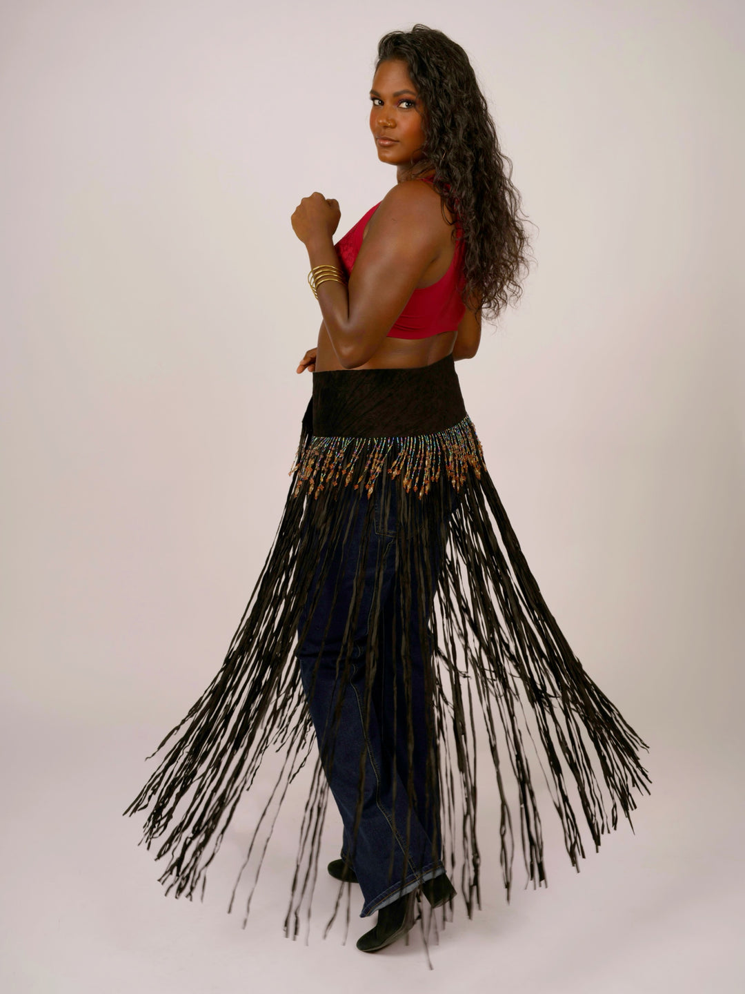 Long Suede Fringe Western Belt with Iridescent Beading by Pat Dahnke