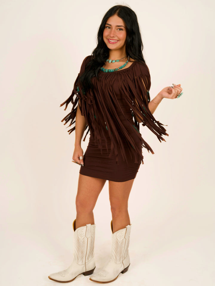 Feather & Fringe Peasant Body-con Mini Dress