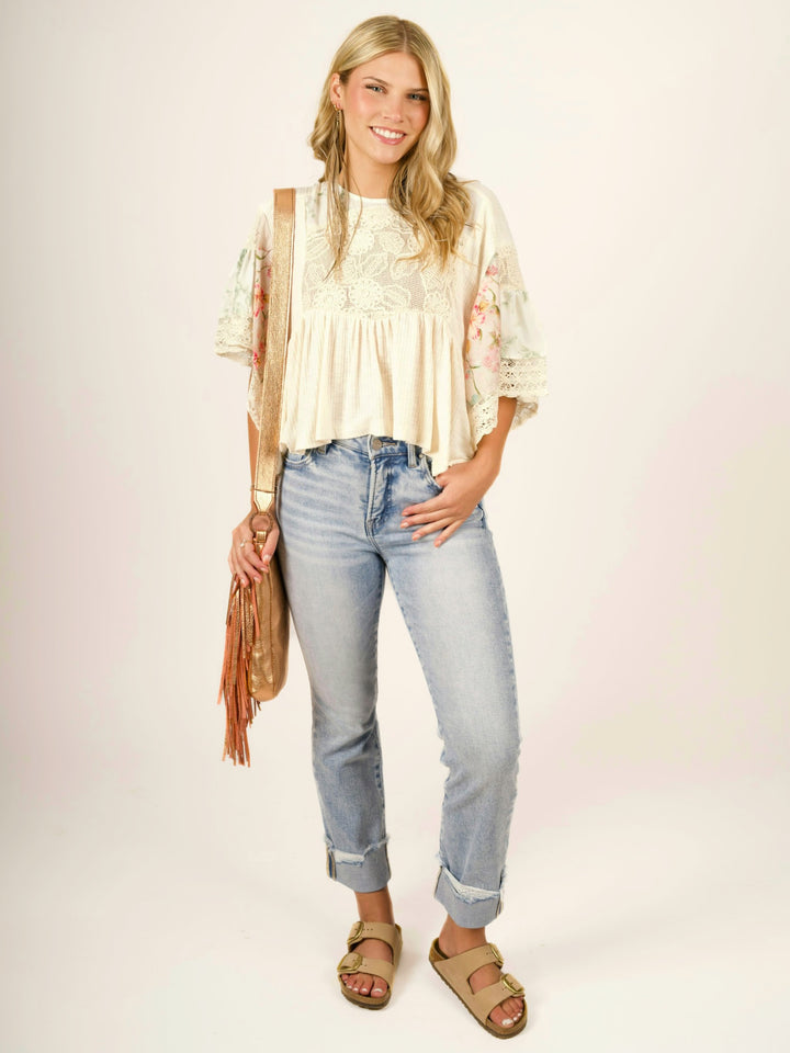 POL Vintage Bloom Ribbed Floral Boho Top