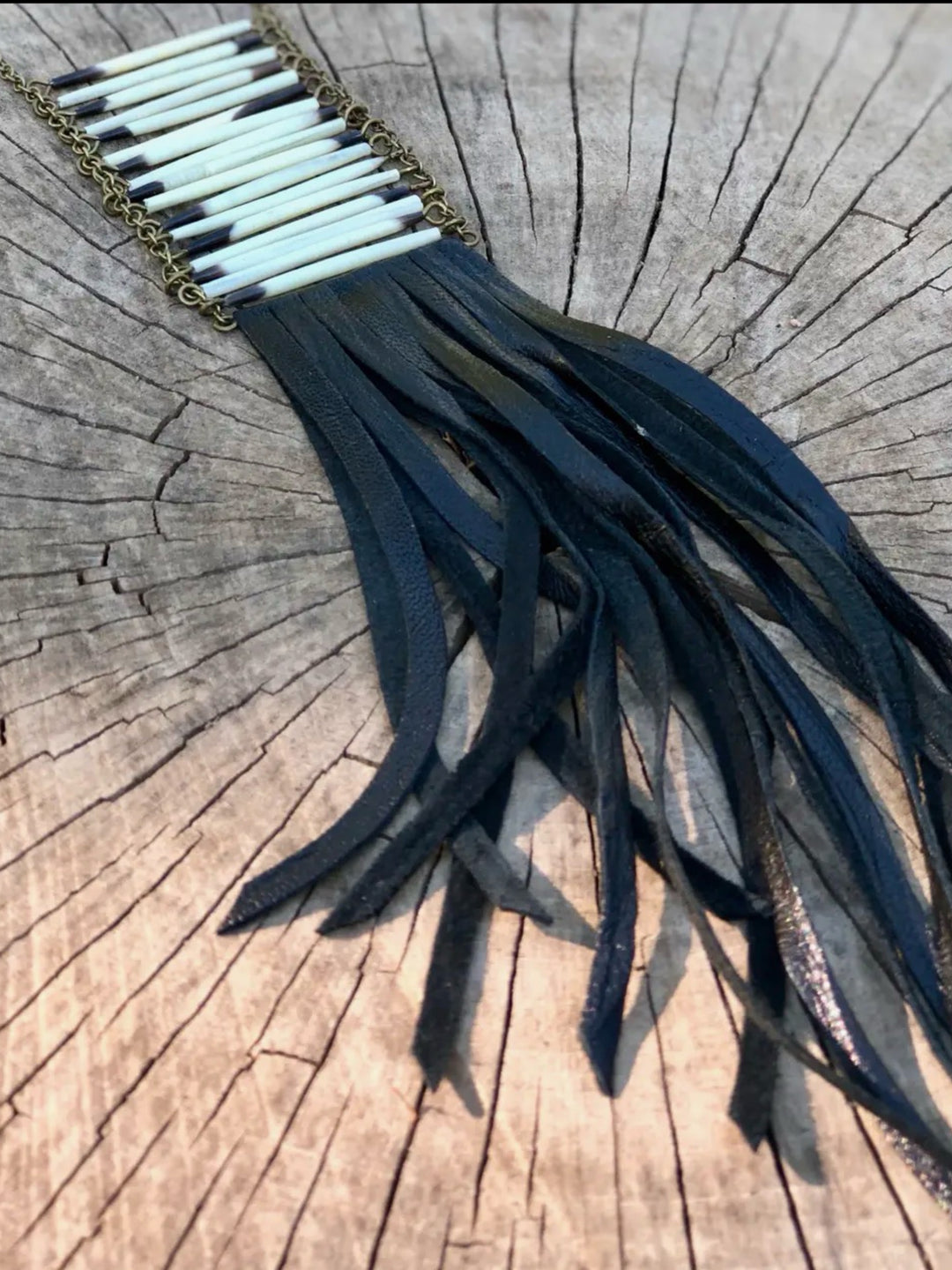 Porcupine Quill Breastplate Necklace with Leather Fringe