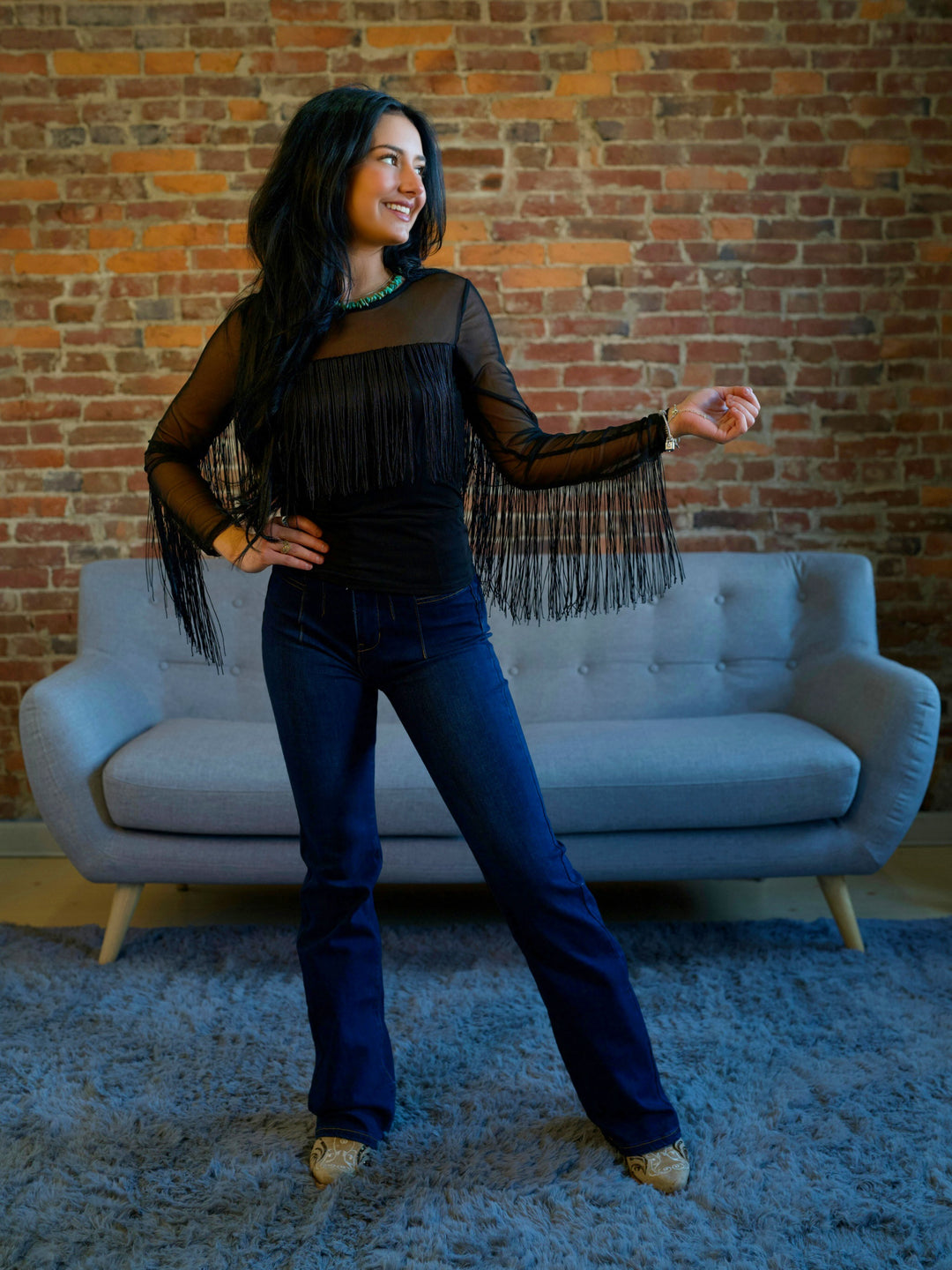 Women’s Black Fringe Trim Long Sleeve Mesh Western Top