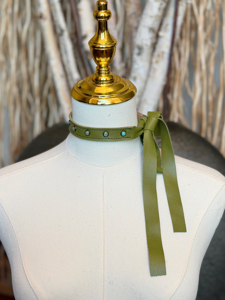 Olive & Turquoise Pearl Leather Choker Necklace