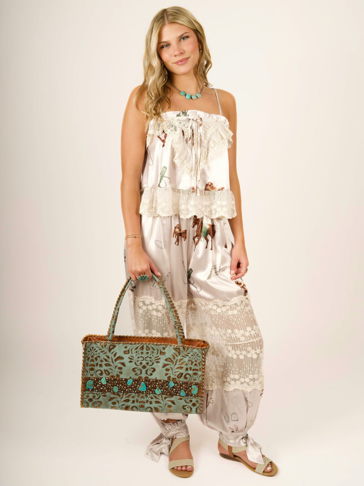 Stretch Satin Equestrian Print Lace-Paneled Balloon Pants