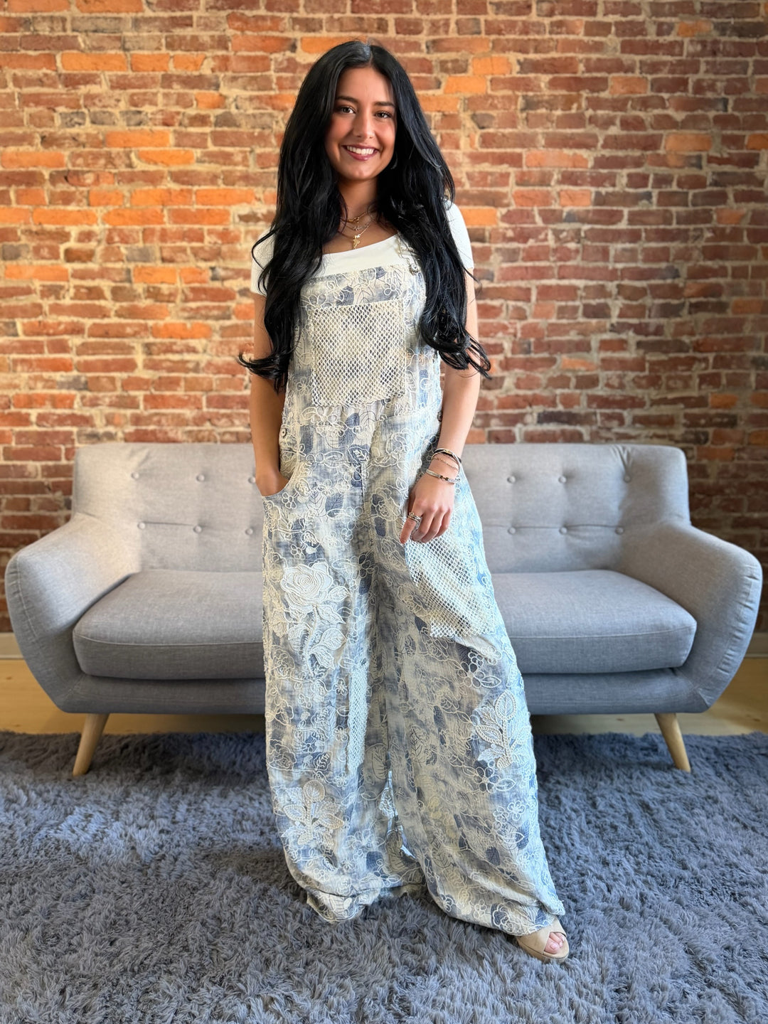 POL Indigo Blue Floral Overalls