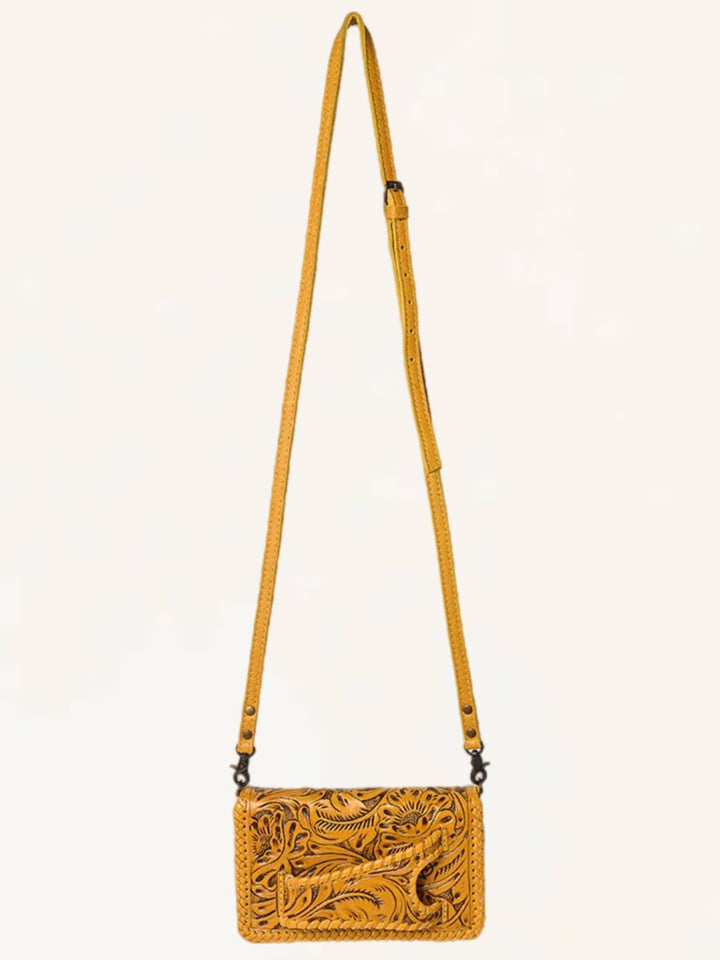 Antique Gold Hand Tooled Leather Crossbody Clutch Wallet Bag
