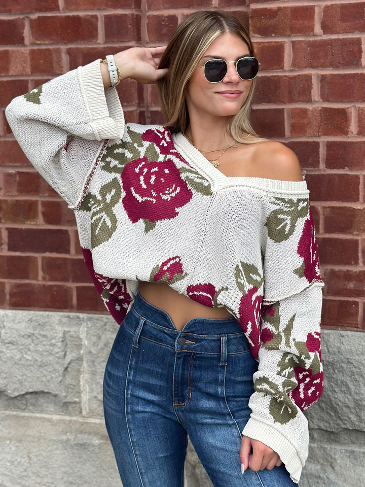 POL Romantic Rose V-Neck Sweater