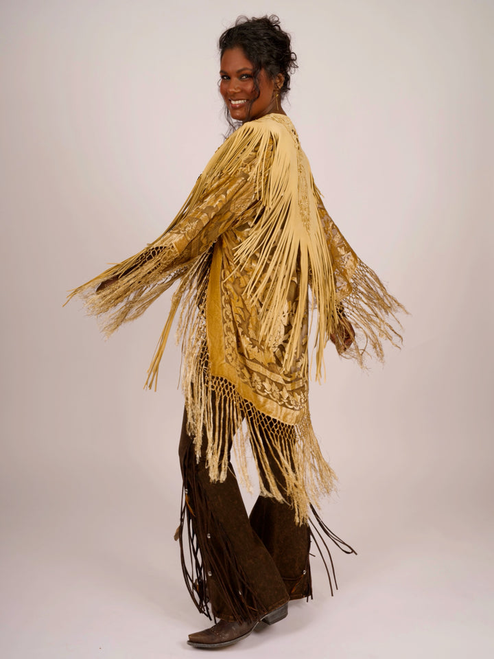 Handcrafted Palomino Deerskin Leather Shoulder Fringe Collar by Pat Dahnke