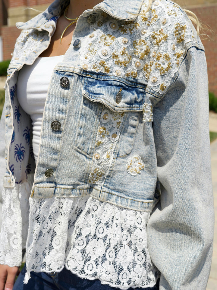 POL Sparkle & Lace Denim Jacket