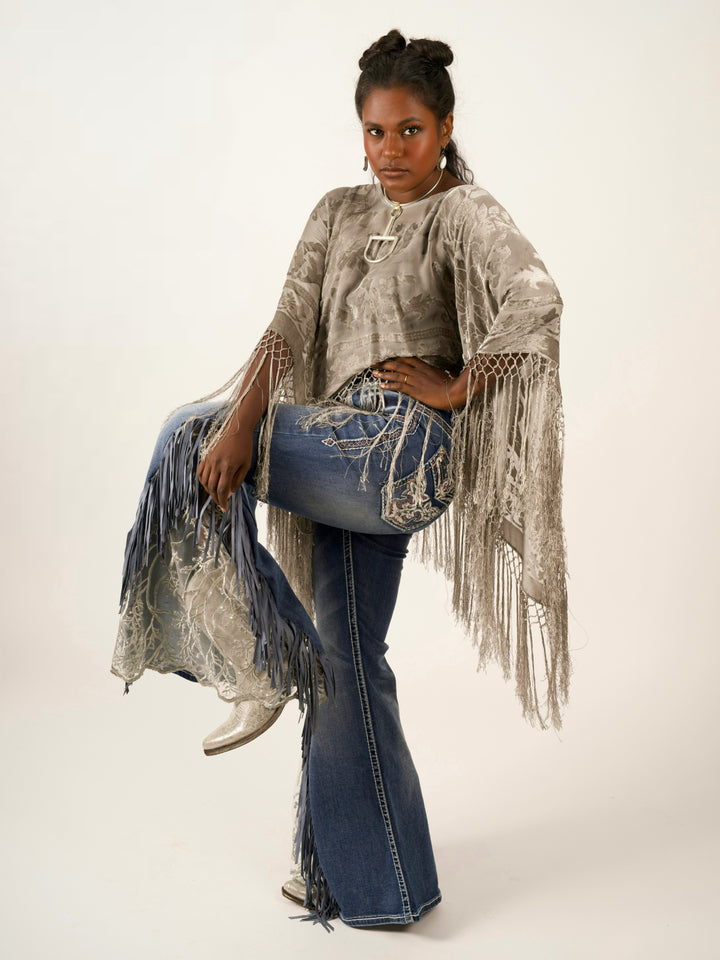 Burnout Velvet Poncho with Fringe